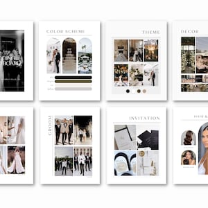May include: Wedding mood board with images of a bride and groom, color scheme, theme, decor, invitation, and hair and makeup. The color scheme is black, white, and brown. The theme is elegant and romantic. The decor is simple and modern. The invitation is black and white with gold accents. The hair and makeup is natural and glamorous.