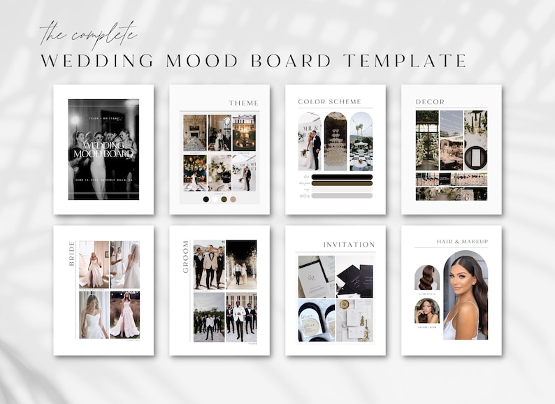 May include: A wedding mood board template with images of a bride and groom, wedding decor, invitations, hair and makeup, and a color scheme.