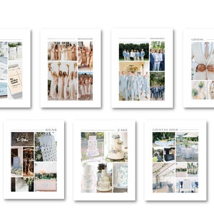 May include: A wedding inspiration board with images of favors, bridesmaids, groomsmen, the groom, signs, cake, and the cocktail hour. The images are arranged in a grid format and feature a light blue and white color scheme.