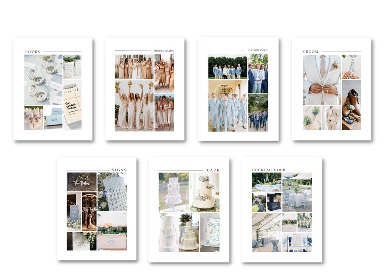 May include: A wedding inspiration board with images of favors, bridesmaids, groomsmen, the groom, signs, cake, and the cocktail hour. The images are arranged in a grid format and feature a light blue and white color scheme.