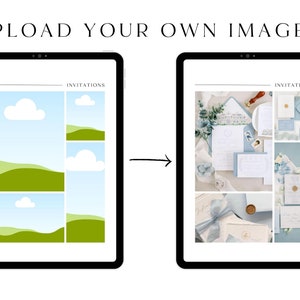 May include: A digital tablet screen displaying a mockup of a wedding invitation design. The design features a collage of images of blue and white wedding invitations with gold accents. The text "Invitations" is displayed at the top of the screen.