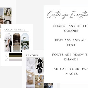 May include: A wedding invitation template with a black, white, and green color scheme. The template includes images of wedding decor, a wedding ceremony, and wedding favors. The text "Customize Everything!" is written in cursive. The text "Change any of the colors", "Edit any and all text", "Fonts are ready to change", and "Add all your own images" is also included.