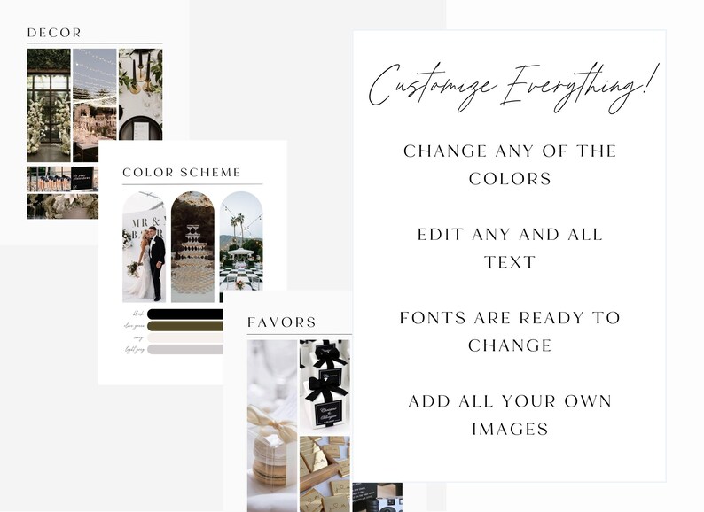 May include: A wedding invitation template with a black, white, and green color scheme. The template includes images of wedding decor, a wedding ceremony, and wedding favors. The text "Customize Everything!" is written in cursive. The text "Change any of the colors", "Edit any and all text", "Fonts are ready to change", and "Add all your own images" is also included.