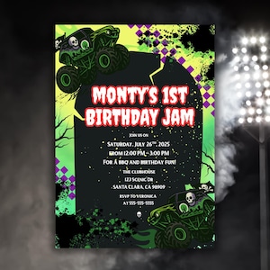 K&ouml;nnte beinhalten: Eine Geburtstagseinladung mit Monster-Truck-Motiv. Die Einladung hat ein gr&uuml;n-schwarzes Farbschema mit dem Text "Monty's 1st Birthday Jam". Enth&auml;lt Veranstaltungsdetails wie Datum, Uhrzeit und Ort.