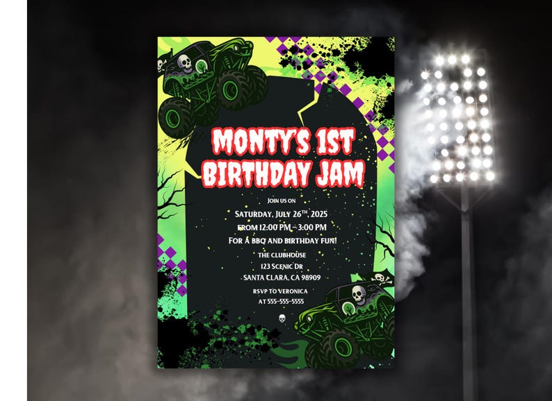 K&ouml;nnte beinhalten: Eine Geburtstagseinladung mit Monster-Truck-Motiv. Die Einladung hat ein gr&uuml;n-schwarzes Farbschema mit dem Text "Monty's 1st Birthday Jam". Enth&auml;lt Veranstaltungsdetails wie Datum, Uhrzeit und Ort.