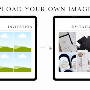 May include: Two tablet screens showing the difference between using a simple landscape image and a collage of images for an invitation. The left screen shows a simple landscape image with blue sky, white clouds, and green hills. The right screen shows a collage of wedding invitation cards with black and white designs and gold accents.
