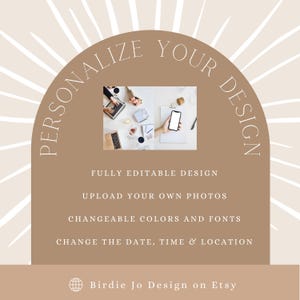K&ouml;nnte beinhalten: Werbegrafik mit dem Text "PERSONALIZE YOUR DESIGN" in halbkreisf&ouml;rmigem Layout. Das Bild enth&auml;lt ein Foto eines Arbeitsplatzes mit Laptop und Telefon. Der Text darunter lautet "VOLLST&Auml;NDIG BEARBEITBARES DESIGN", "LADEN SIE IHRE EIGENEN FOTOS HOCH" usw. Der Etsy-Shop-Name "Birdie Jo Design" ist ebenfalls enthalten.