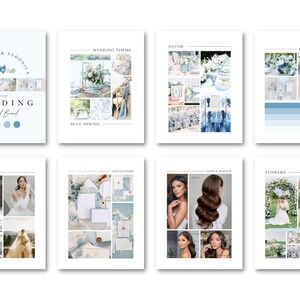 May include: Wedding mood board with a blue and white color scheme. The board includes images of a wedding dress, flowers, invitations, decor, hair and makeup, and a color palette.