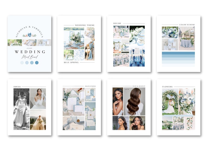 May include: Wedding mood board with a blue and white color scheme. The board includes images of a wedding dress, flowers, invitations, decor, hair and makeup, and a color palette.