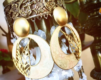 Vintage Champange and Gold Hoop Style Earrings With Golden Leaf Details