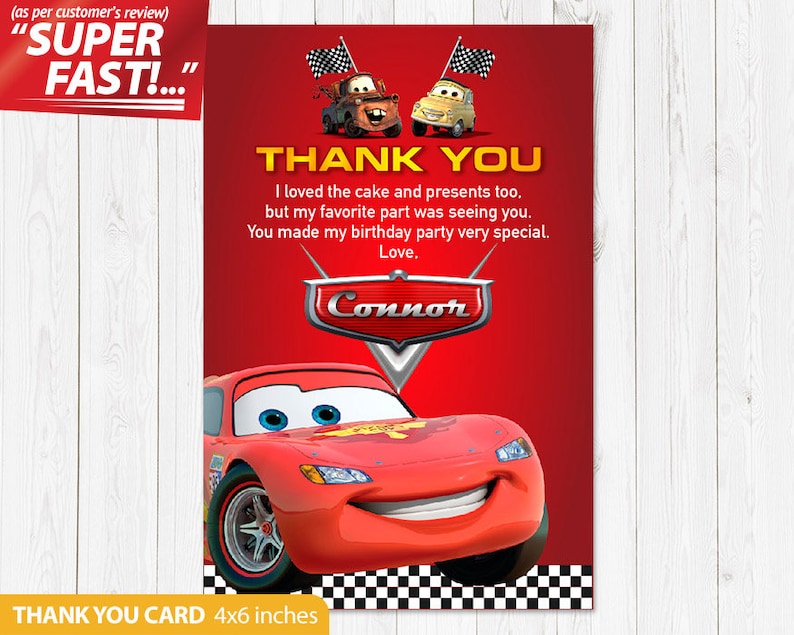 Cars Thank You Card PRINTABLE Cars Birthday Thank You Card Etsy