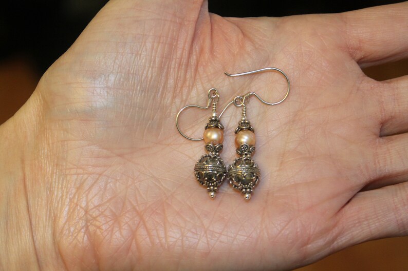 Gorgeous Oxidized Bali Bead Earrings with Pale Pink Freshwater Pearl and Bead Caps image 2