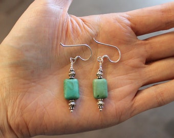 Rectangular Green Turquoise "Chicklet" Earrings with Accents on Top and Bottom