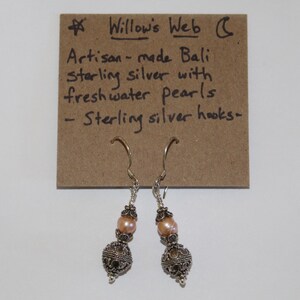 Gorgeous Oxidized Bali Bead Earrings with Pale Pink Freshwater Pearl and Bead Caps image 3