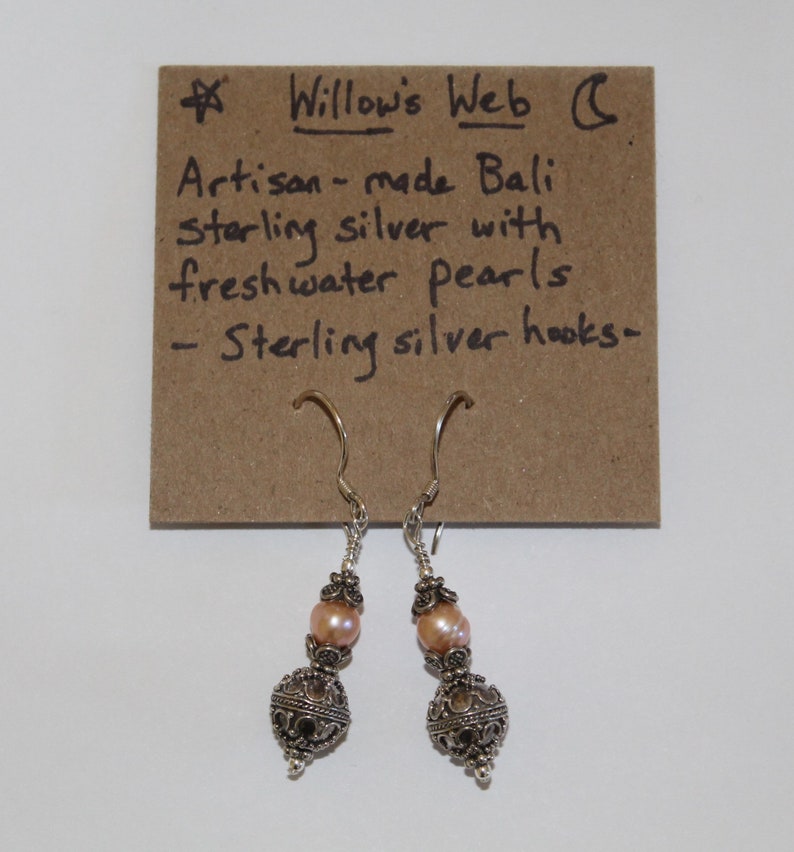 Gorgeous Oxidized Bali Bead Earrings with Pale Pink Freshwater Pearl and Bead Caps image 3