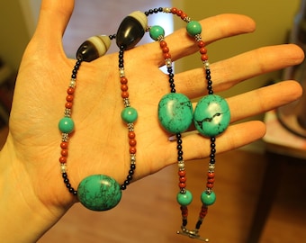 Natural Robin's Egg Blue Turquoise, Agate Dzi Beads, Jasper, and Onyx Necklace with Sterling Silver Accents