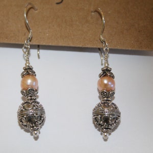 Gorgeous Oxidized Bali Bead Earrings with Pale Pink Freshwater Pearl and Bead Caps image 1