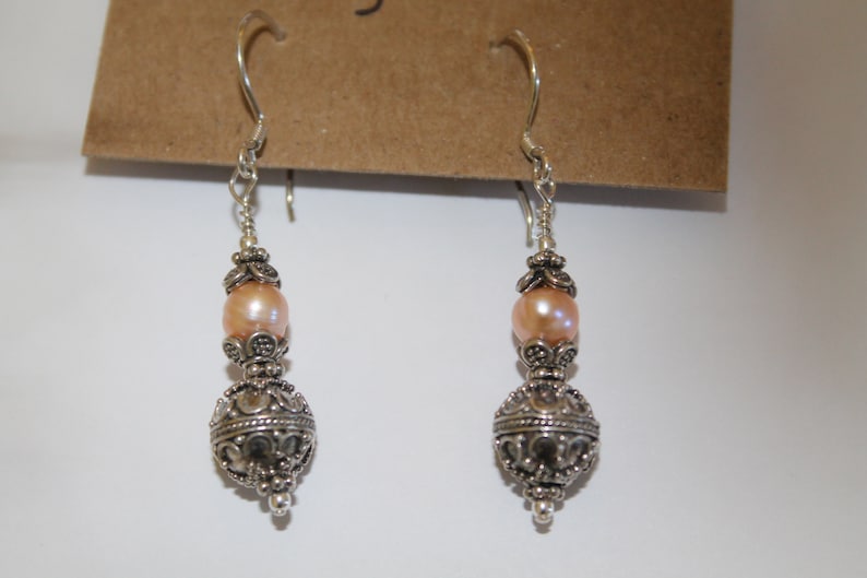 Gorgeous Oxidized Bali Bead Earrings with Pale Pink Freshwater Pearl and Bead Caps image 1