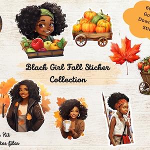 Black Girl Instant Download Digital Stickers for Goodnotes Fall Pumpkins African-American Woman Sticker Women of Color Sticker for Planner