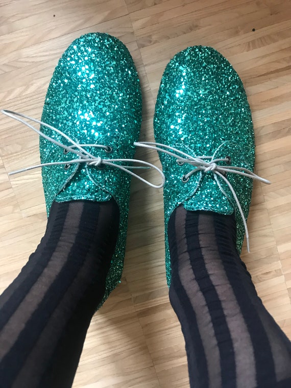 Green glitter ballet shoes handmade In Italy