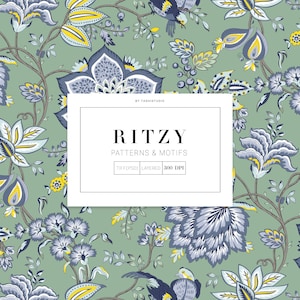 May include: A seamless pattern featuring a repeating design of blue and yellow flowers, leaves, and birds on a green background. The text "RITZYY PATTERNS & MOTIFS TIFF(PSD) LAYERED 300 DPI" is displayed in a white rectangle.