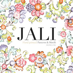 May include: A colorful floral design with a white background. The design features intricate patterns and motifs. The text "JALI Hand painted Patterns & Motifs TIFF/PSD & PNG" is displayed in the center of the image.