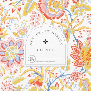 May include: A seamless pattern featuring a floral design with red, pink, yellow, and blue flowers on a white background. The pattern is labeled "New Print Design Chintz 300 DPI creativemarket.com/Pinklinen".