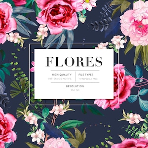 May include: A seamless pattern featuring pink peonies, white flowers, and green leaves on a dark blue background. The text "FLORES" is displayed in a white box with the words "High Quality Patterns & Motifs", "File Types TIFF(PSD) // PNG", and "Resolution 300 DPI".