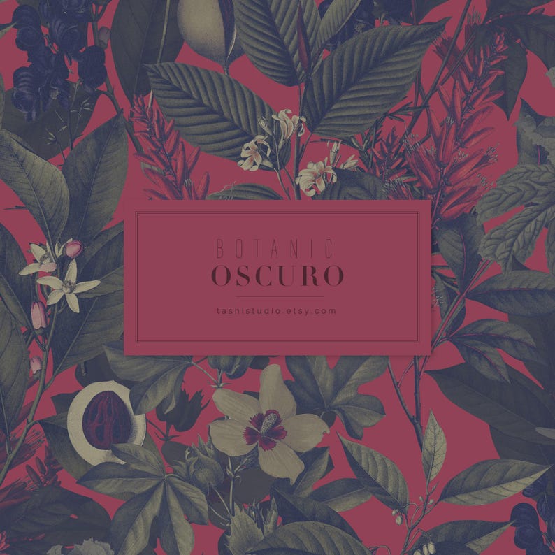 Puede incluir: Un patr&oacute;n sin costuras con hojas verde oscuro y flores en tonos de blanco, rojo y morado sobre un fondo rojo oscuro. El texto "BOTANIC OSCURO" y "tashisstudio.etsy.com" se muestra en un rect&aacute;ngulo blanco.