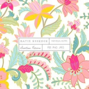 Może przedstawiać: Bezszwowy wzór kwiatowy z dużymi, stylizowanymi kwiatami w kolorze różowym, żółtym i fuksji, z jasnozielonymi i niebieskimi liśćmi, na białym tle. Projekt zawiera tekst "Batik Essence" i "Seamless Patterns".