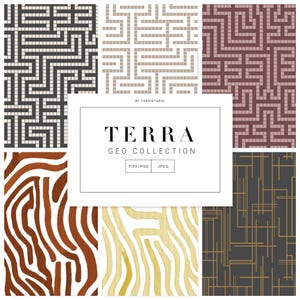 Puede incluir: Un conjunto de seis patrones digitales sin costuras que presentan diseños geométricos en varios colores, incluidos el negro, el blanco, el marrón, el dorado y el rosa. Los patrones están etiquetados como "TERRA GEO COLLECTION" y están disponibles en los formatos TIFF, PSD y JPEG.