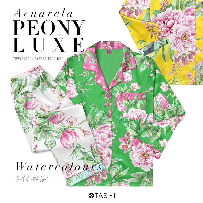 Op de afbeelding: Groene pyjamaset met roze pioenrozen bloemenprint. De set bevat een overhemd met roze rand en een bijpassende broek. De woorden "Acuarela PEONY LUXE" en "Watercolours" staan in de afbeelding.