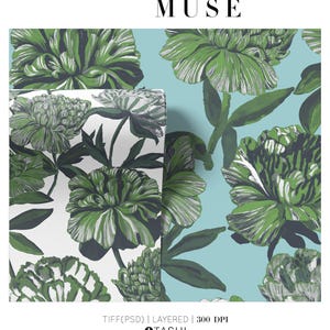 May include: Floral pattern design featuring large green and white flowers on a white background and a light blue background. The text "VERDANT MUSE" is at the top. The bottom of the image includes the text "TIFF(PSD) | LAYERED | 300 DPI" and the TASHI logo.