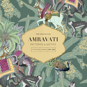 Peut inclure: Un motif sans couture sur fond vert avec des illustrations d'éléphants, de chevaux, de paons et de singes. Le motif est intitulé "Amravati Patterns & Motifs" et comprend le texte "TIFF(PSD) LAYERED 300 DPI".