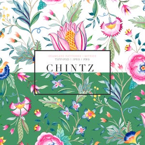 Puede incluir: Un patrón sin costuras con un diseño floral con flores rosas, azules y amarillas sobre un fondo blanco y verde. El texto "SEAMLESS PATTERNS | MOTIFS TIFF/PSD | JPEG | PNG CHINTZ" se muestra en un rectángulo negro.