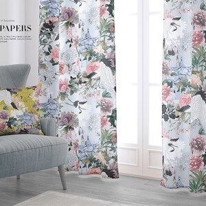 May include: A living room interior design mockup featuring a gray armchair with a floral patterned throw pillow. Two sheer curtains with a floral and pagoda design hang in the background. The text "Elegance & Timeless WALLPAPERS" is displayed at the top of the image.