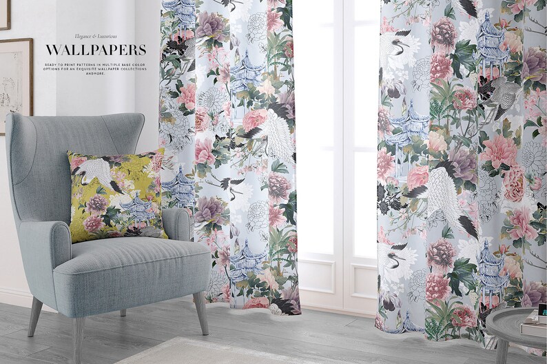 May include: A living room interior design mockup featuring a gray armchair with a floral patterned throw pillow. Two sheer curtains with a floral and pagoda design hang in the background. The text "Elegance & Timeless WALLPAPERS" is displayed at the top of the image.