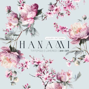 Hanami, Peonies and Sakura blossom Seamless Patterns and Motifs