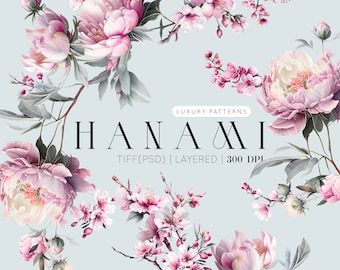 Hanami, Peonies and Sakura blossom Seamless Patterns and Motifs