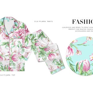 Op de afbeelding: Witte zijden pyjama set met een bloemenprint van roze en groene bloemen. De set bevat een overhemd met knopen en een bijpassende broek. De afbeelding toont ook een cirkelvormig ontwerp met hetzelfde bloemmotief en het woord "FASHION".