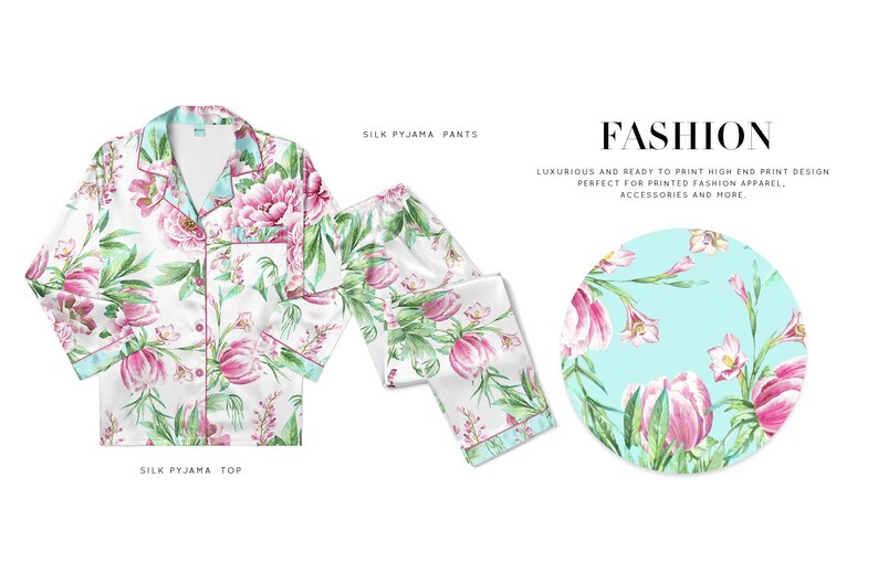 Op de afbeelding: Witte zijden pyjama set met een bloemenprint van roze en groene bloemen. De set bevat een overhemd met knopen en een bijpassende broek. De afbeelding toont ook een cirkelvormig ontwerp met hetzelfde bloemmotief en het woord "FASHION".
