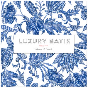 Può includere: Uno schema senza cuciture che presenta un design batik blu e bianco. Lo schema è composto da intricati motivi floreali e foglie. Il testo "LUXURY BATIK" è visualizzato in un rettangolo bianco con un contorno rosa. Il testo "PNG | TIFF" è visualizzato sotto il titolo. Il testo "Patterns & Motifs" è visualizzato sotto il tipo di file.