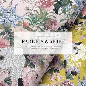 May include: A floral fabric design featuring cranes, pagodas, and flowers in shades of pink, white, and green. The text "Elegance & Luxurious FABRICS & MORE" is displayed on a white rectangle. The text "READY TO PRINT PATTERNS IN MULTIPLE BASE COLOR OPTIONS FOR PRINTED FABRIC COLLECTIONS AND MORE" is displayed below the main text.
