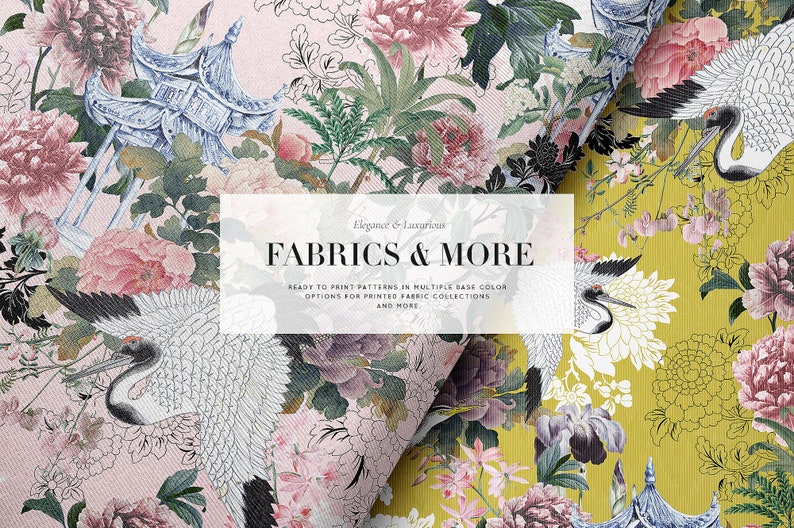 May include: A floral fabric design featuring cranes, pagodas, and flowers in shades of pink, white, and green. The text "Elegance & Luxurious FABRICS & MORE" is displayed on a white rectangle. The text "READY TO PRINT PATTERNS IN MULTIPLE BASE COLOR OPTIONS FOR PRINTED FABRIC COLLECTIONS AND MORE" is displayed below the main text.