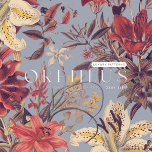 Raffinato motivo senza soluzione di continuità che raffigura un intricato arazzo botanico di gigli in fiore, orchidee e altri fiori esotici.