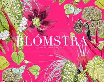 May include: A pink background with a floral pattern featuring green leaves, white flowers, and red flowers. The text "Blómstra" is in white with the words "Luxury Pattern & Motifs" below it.