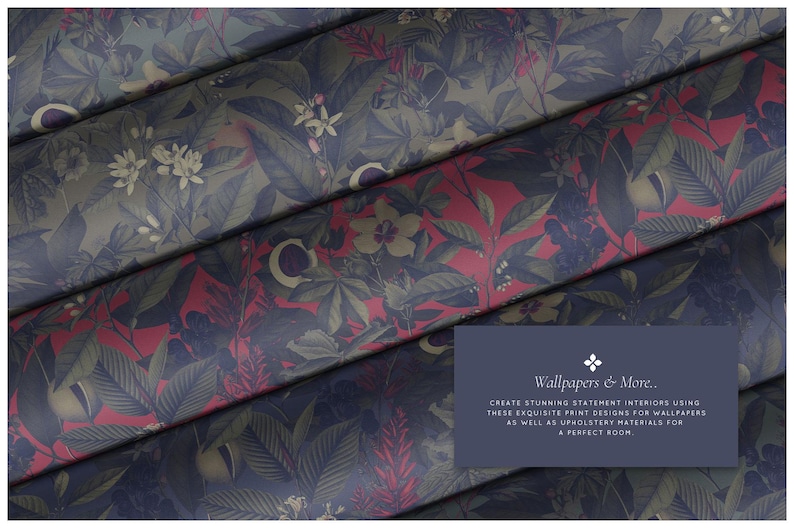 Puede incluir: Un primer plano de un papel tapiz con estampado floral sobre un fondo azul oscuro. El patr&oacute;n presenta hojas verdes, flores rojas y flores blancas. El texto "Wallpapers & More.." est&aacute; impreso en un rect&aacute;ngulo azul oscuro en la esquina inferior derecha. El texto dice: "CREATE STUNNING STATEMENT INTERIORS USING THESE EXQUISITE PRINT DESIGNS FOR WALLPAPERS AS WELL AS UPHOLSTERY MATERIALS FOR A PERFECT ROOM."