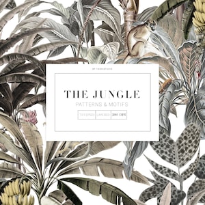 May include: A digital illustration of a jungle scene with lush green leaves, banana plants, and a monkey. The text "THE JUNGLE PATTERNS & MOTIFS TIFF(PSD) LAYERED 300 DPI" is displayed on a white rectangle.