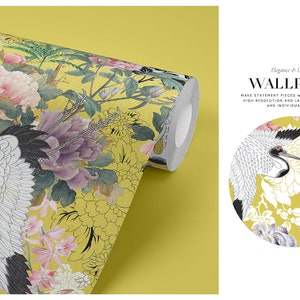 May include: A yellow wallpaper roll with a floral and crane design. The pattern features pink, purple, and white flowers, green leaves, and a white crane with black accents.