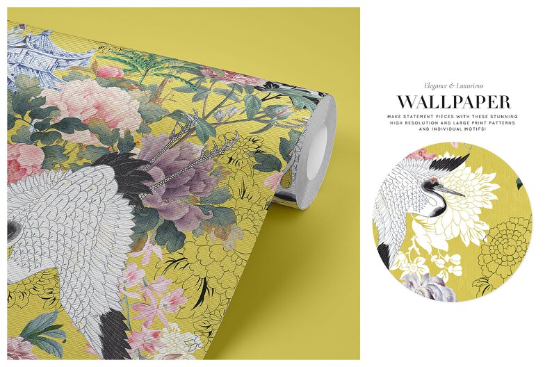 May include: A yellow wallpaper roll with a floral and crane design. The pattern features pink, purple, and white flowers, green leaves, and a white crane with black accents.